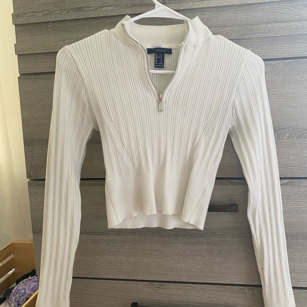 Forever 21 White Ribbed Polo Crop Top